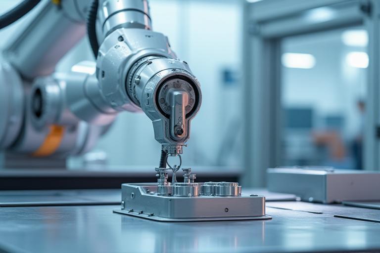 Advanced manufacturing technology: robotic arm working on stainless steel component at Güçlü Mutfak facility